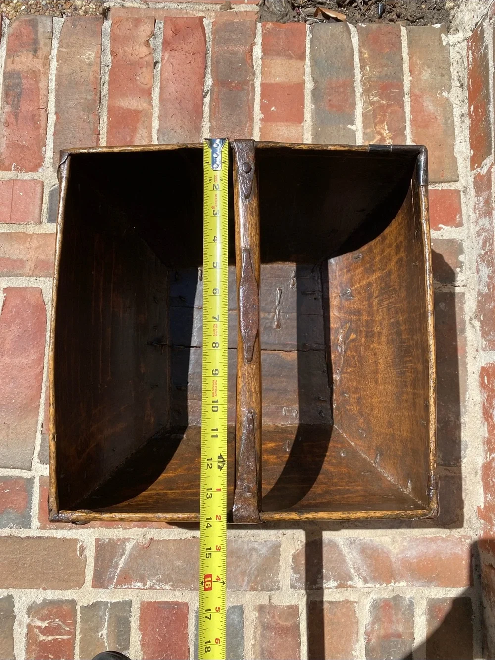 Antique Chinese Wooden Rice Measure Basket w/Handle and rustic metal accents
